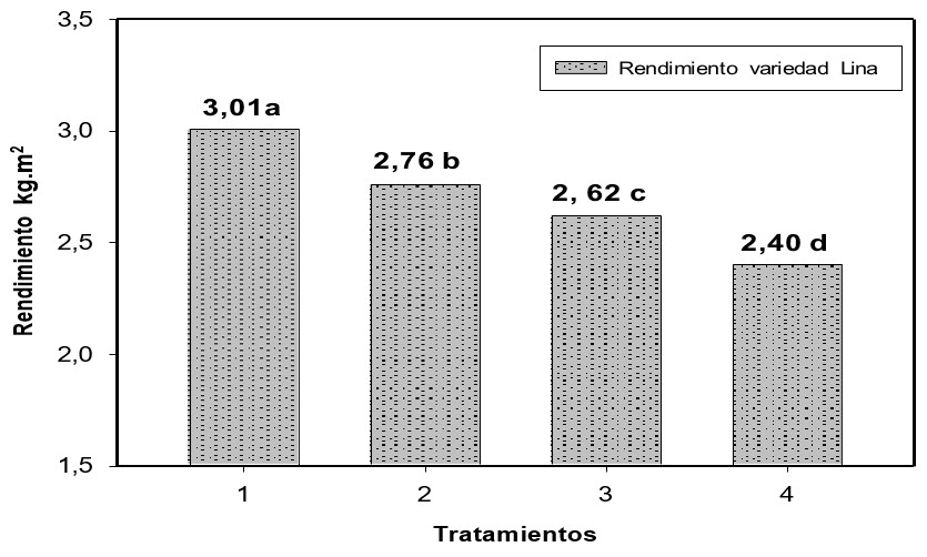 Rendimiento de la variedad Lina con un régimen variable de riego. (Letras diferentes existe diferencia significativa para p ≤ 0,05)