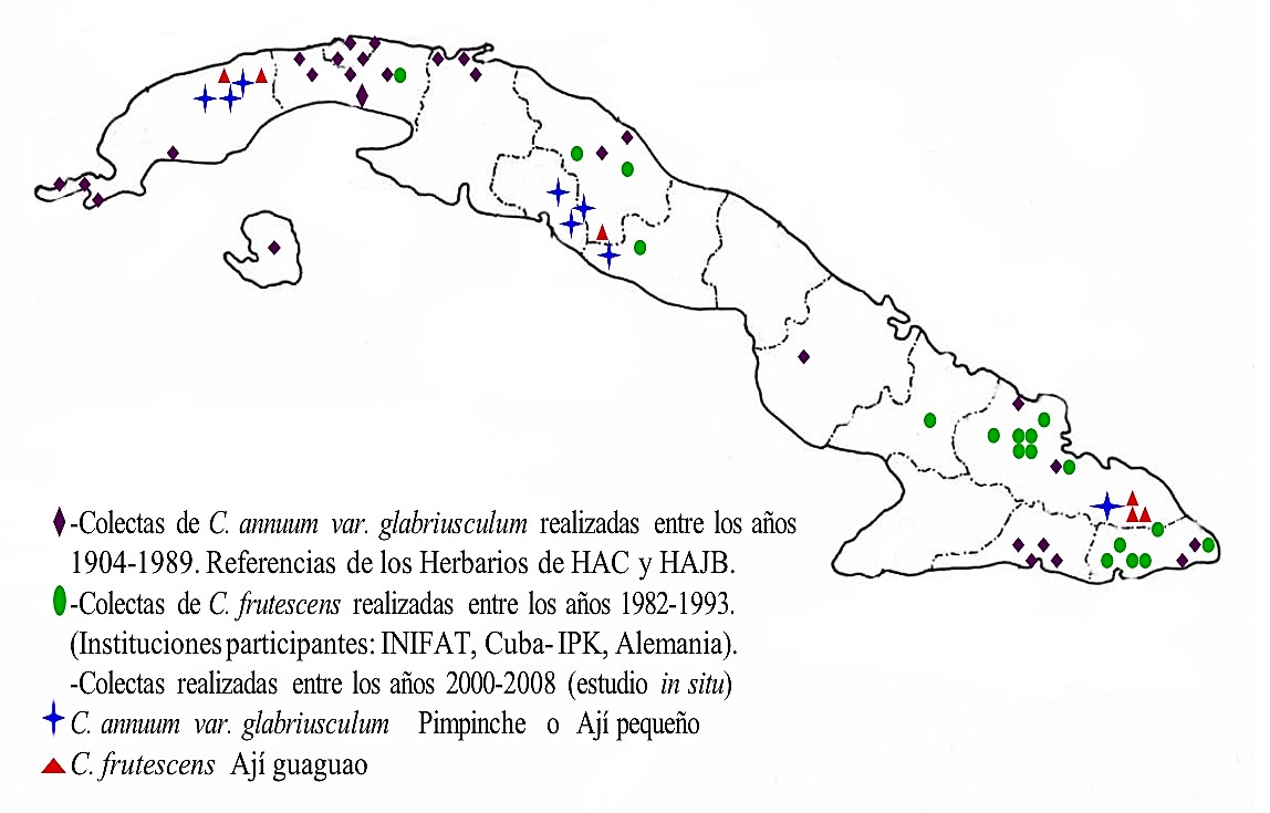 Distribución de los taxones silvestres de C. annuum var. glabriusculum y C. frutescens en Cuba.
