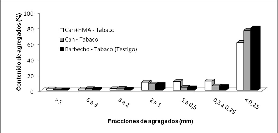 Distribución de los agregados del suelo resistentes al agua al finalizar el segundo ciclo y antes del reposo del suelo.