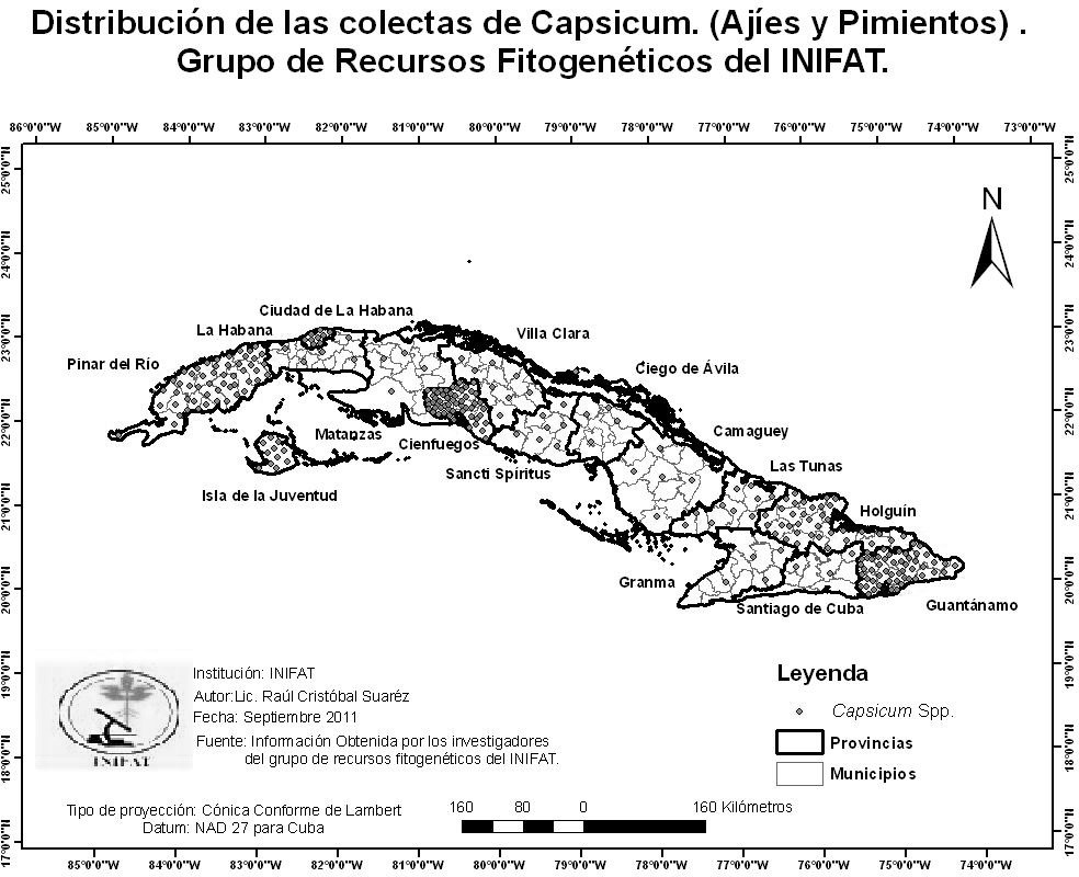 Distribución de las colectas de ajíes y pimientos (Capsicum spp.) realizadas por el Grupo de Recursos Fitogenéticos del INIFAT